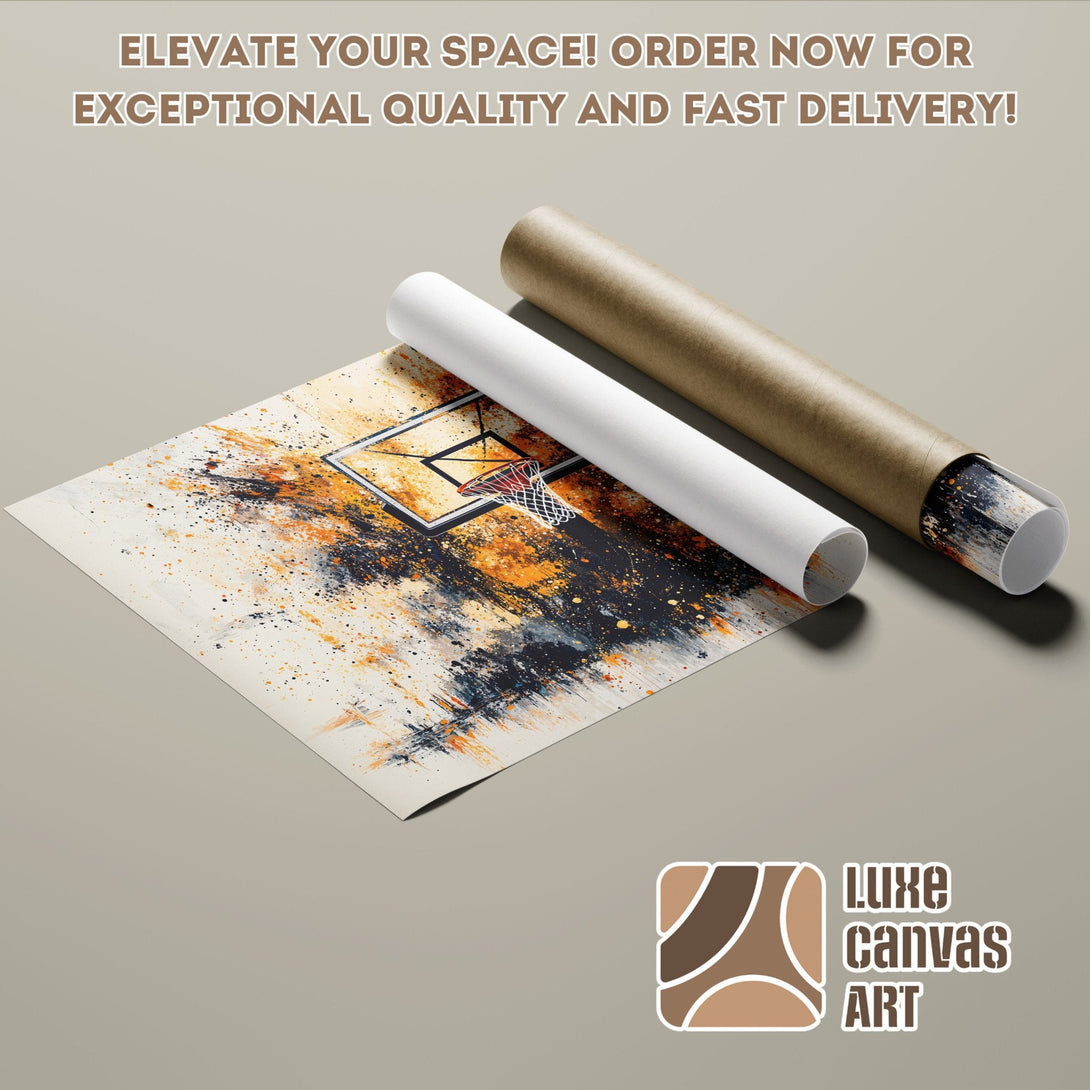Basketball art poster roll, abstract style, orange, blue & neutral tones. Elevate your space with this unique Poster!