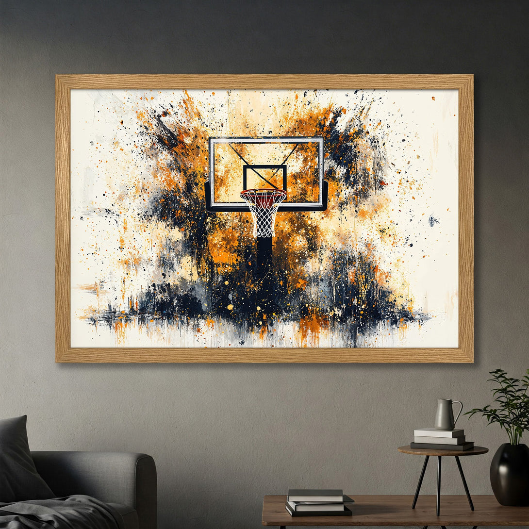 Framed Poster featuring a basketball hoop in an abstract, splatter style with orange, black, and white color palette. Perfect wall art!