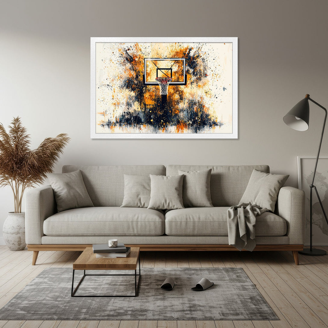 Framed Poster featuring a basketball hoop in an abstract style with orange, black, and white splashes. Perfect wall art for sports fans!