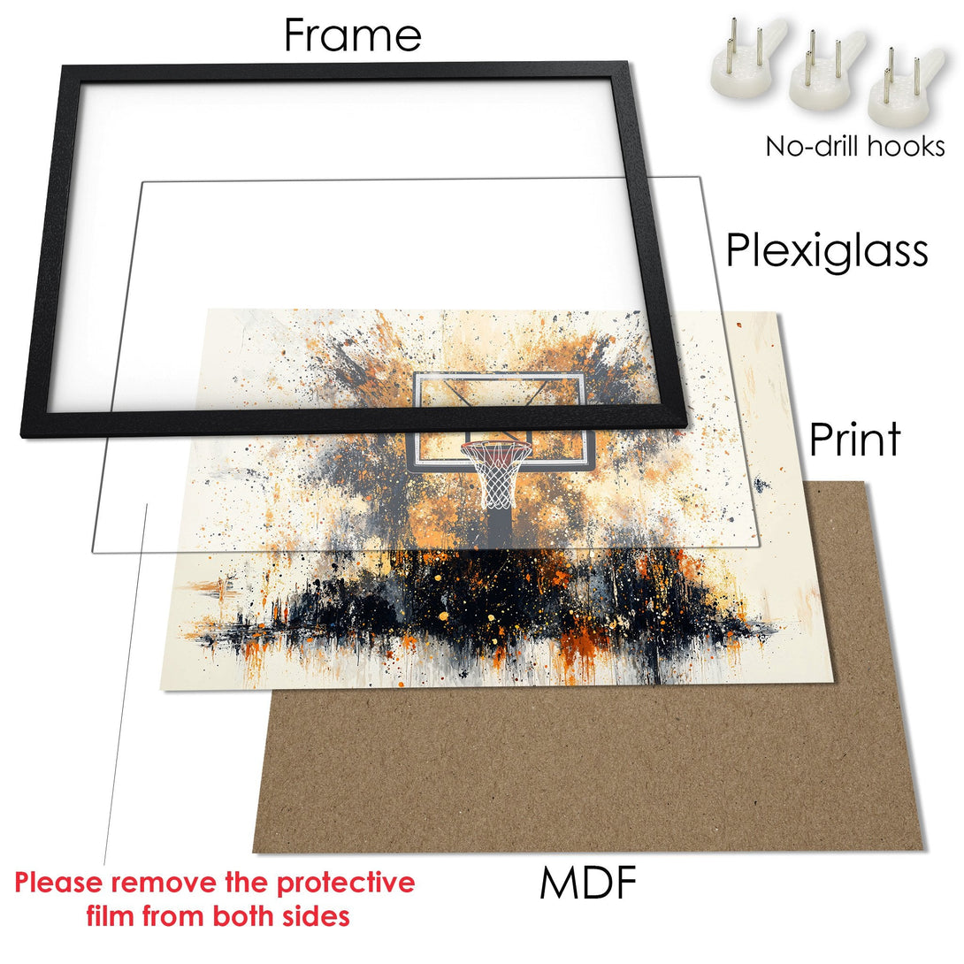 Framed Poster featuring a basketball hoop in abstract style with a black, orange, and beige color palette. Perfect wall art!