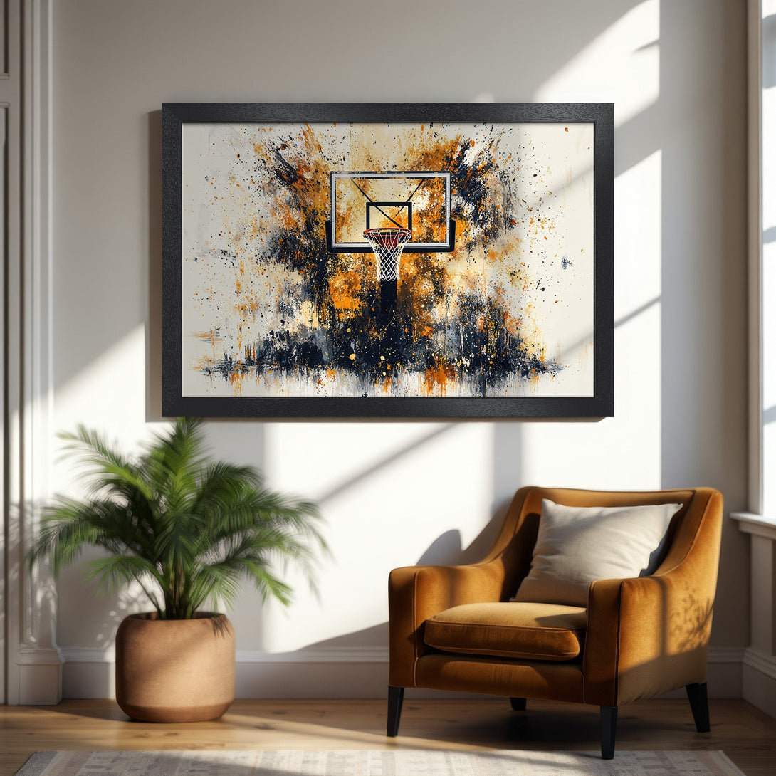 Framed Poster featuring a basketball hoop in an abstract style with orange, black, and white color palette. Add artistic flair to your space!