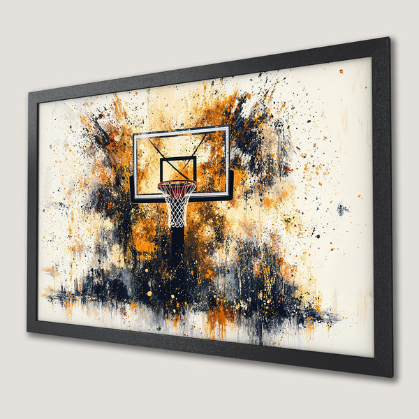 Framed Poster of a basketball hoop in an abstract style with orange, black, and white color palette. Perfect wall art!