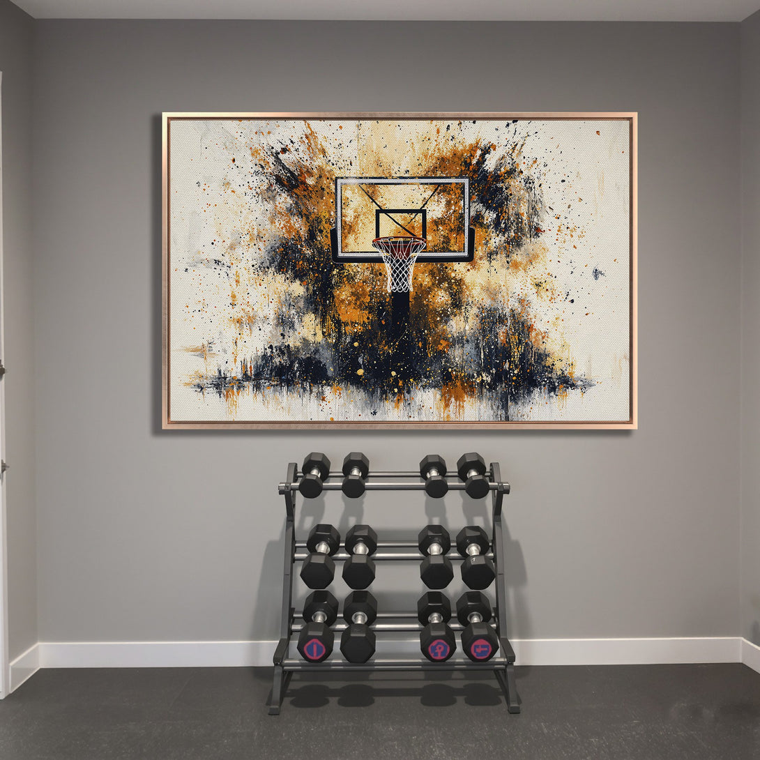 Framed Wall Art: Abstract basketball hoop art in gold, black, and orange. Modern canvas print for home gym decor.