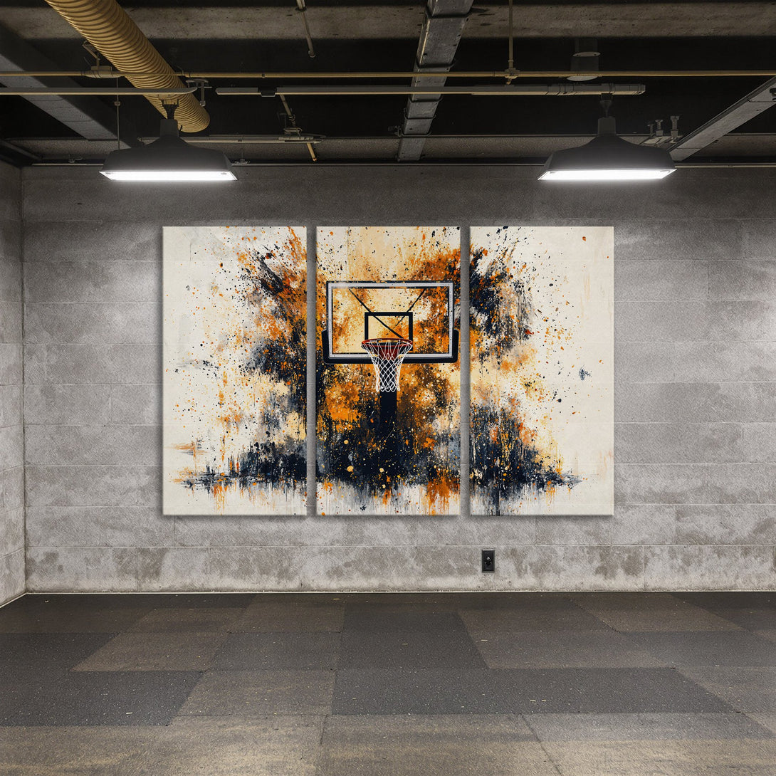 Abstract basketball Canvas Print in orange, black, and white. Modern wall art for sports lovers.