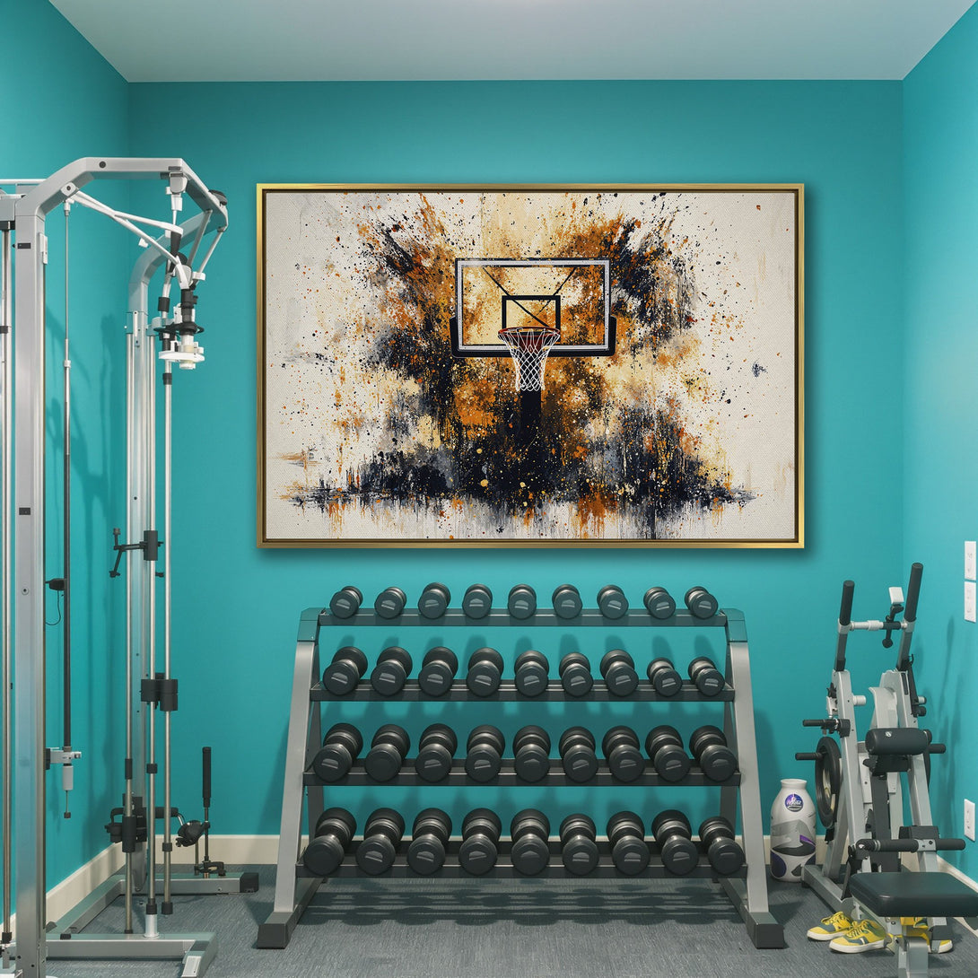 Abstract basketball Canvas Print in a modern gym. Features a bold, splatter-paint style with a warm, earthy color palette. Perfect wall art!