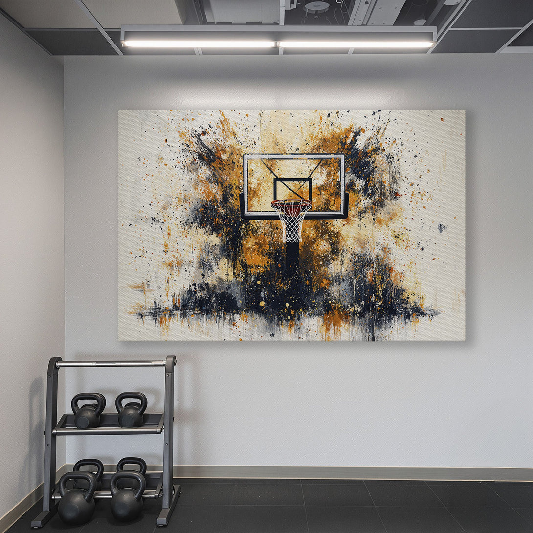 Framed Wall Art: Abstract basketball hoop art with a gold frame. Modern style with a neutral, black, and orange color palette, perfect for a gym or home decor.