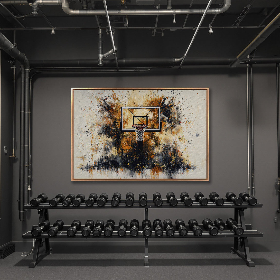 Framed Wall Art: Abstract basketball hoop art in a modern gym. Neutral color palette with gold frame. Elevate your space with stylish wall decor.