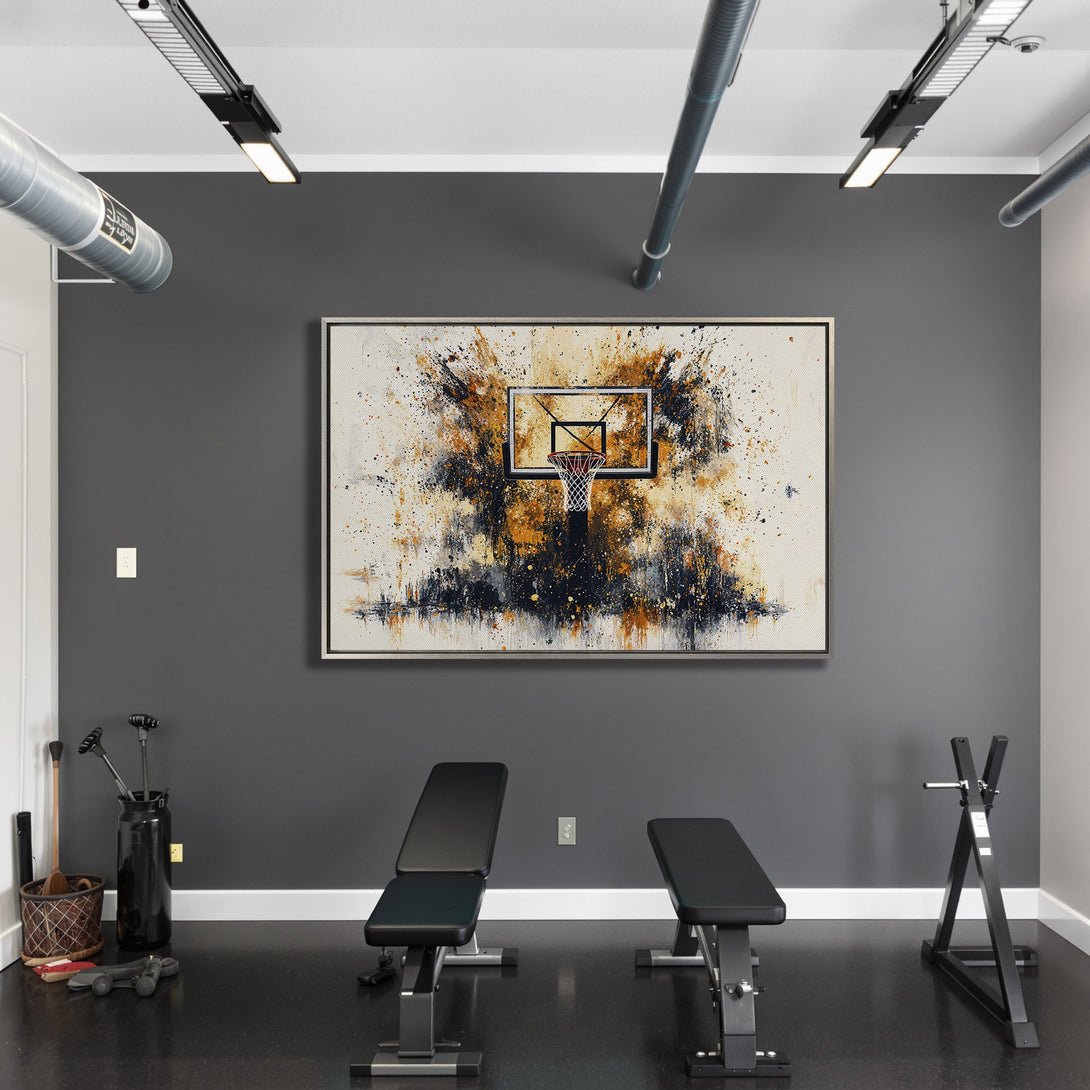 Framed Wall Art: Abstract basketball hoop art in a modern gym. Features a neutral color palette with splashes of gold, black, and white. Elevate your space!