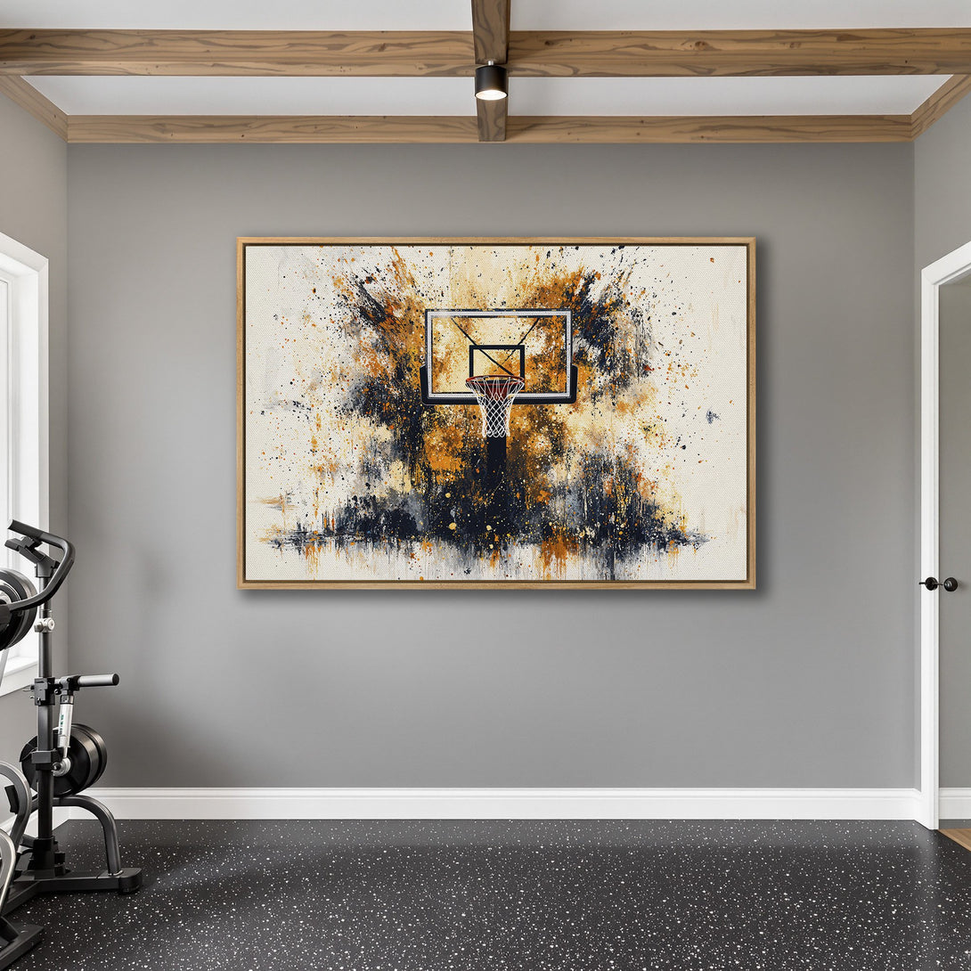 Framed Wall Art: Abstract basketball hoop art in a modern style. Features a neutral color palette with splashes of orange and navy. Perfect for your home gym!