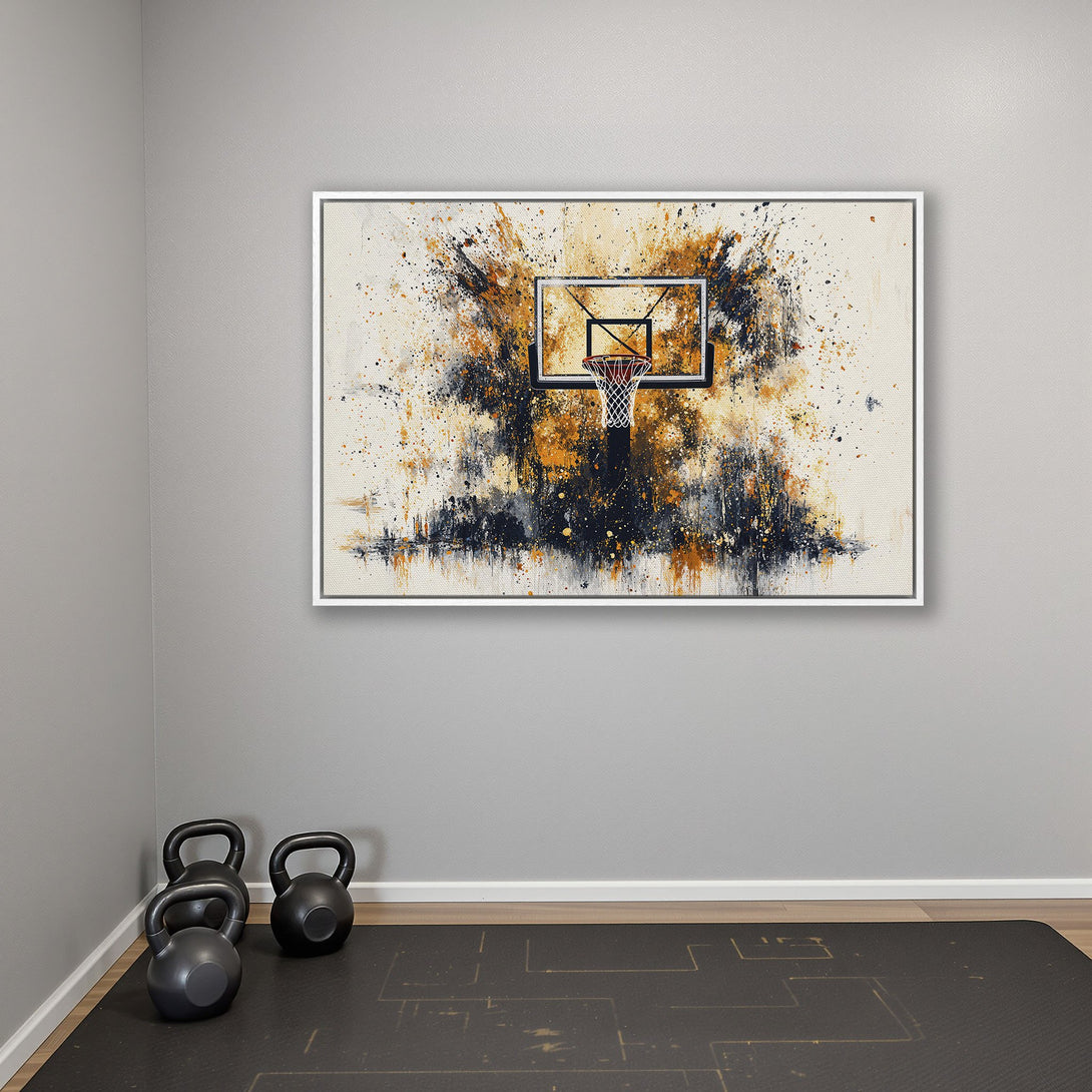 Framed Wall Art featuring an abstract basketball hoop with a neutral color palette of beige, black, and gold, perfect for modern home decor.