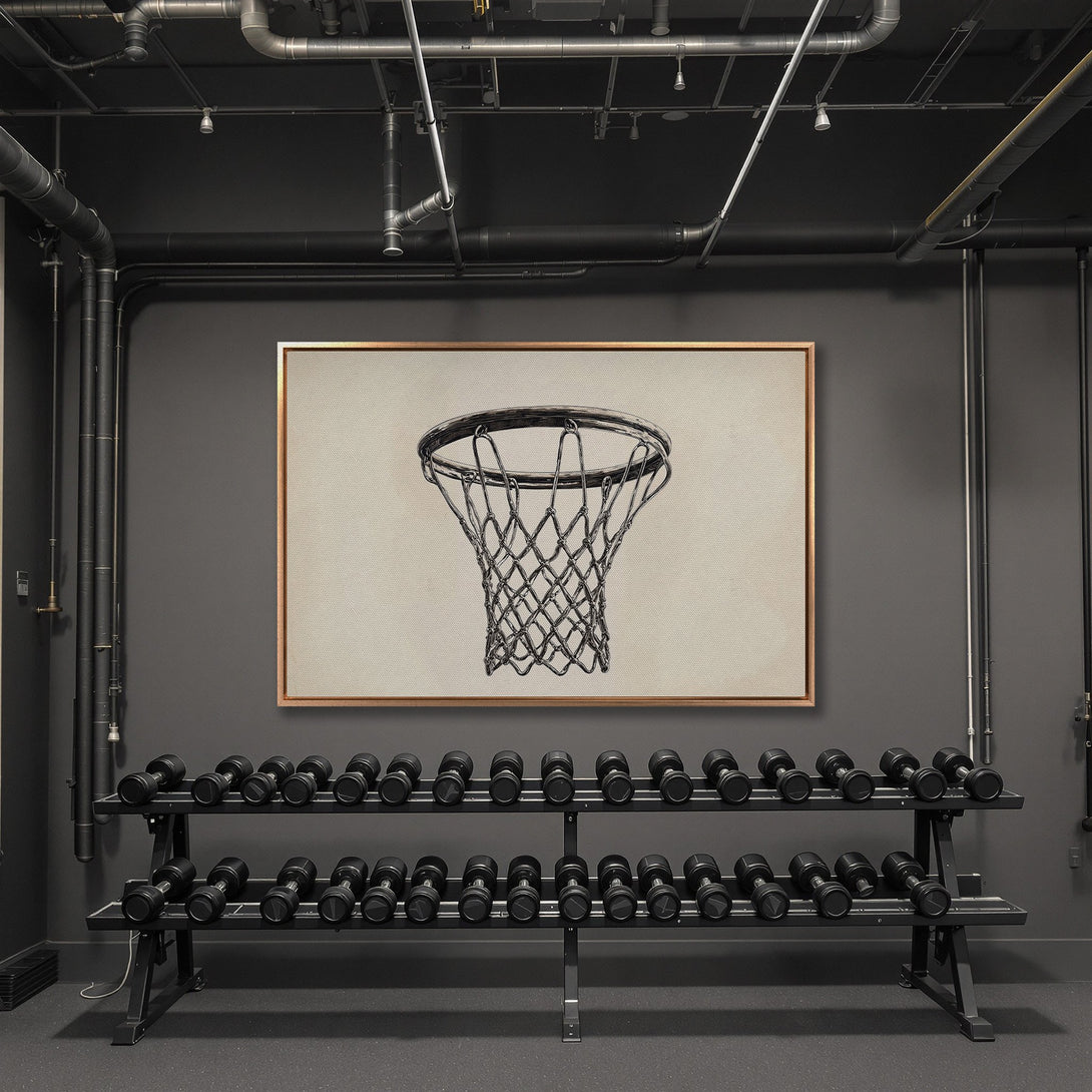 Framed Wall Art: Basketball net sketch in a modern gym. Neutral color palette with a minimalist, industrial style. Elevate your space with unique wall decor.