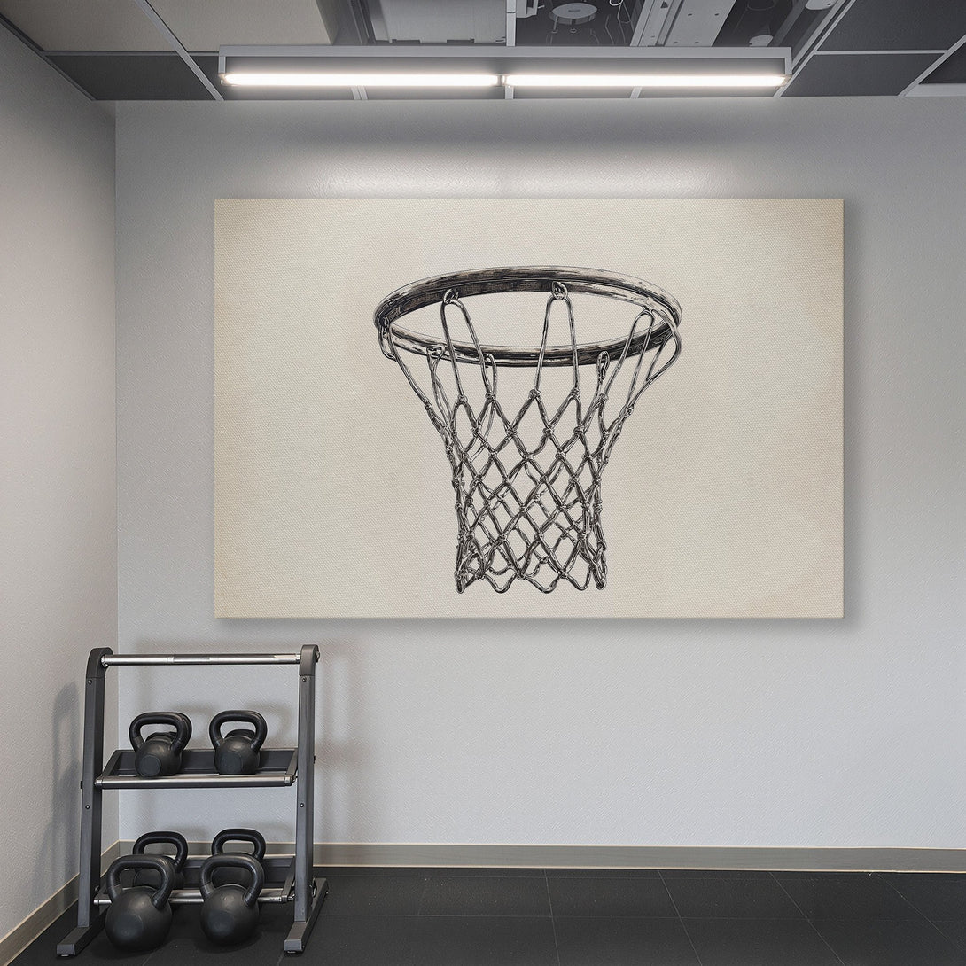 Framed Wall Art: Basketball net sketch in a gym. Modern black and white art with a gold frame against a teal wall. Perfect for home decor!