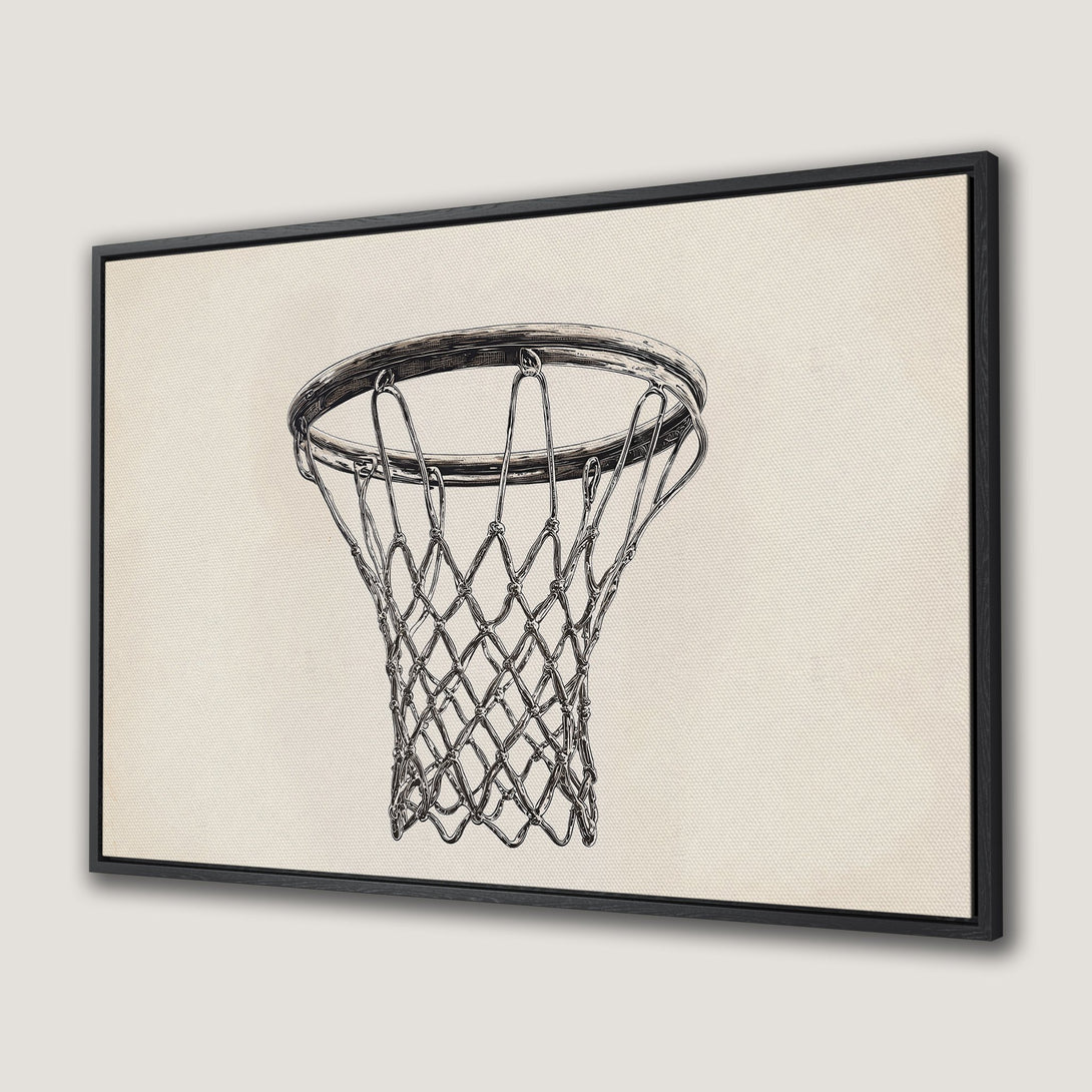 Framed Wall Art: Basketball net illustration in black and white. Modern canvas print with neutral beige background. Perfect sports decor.