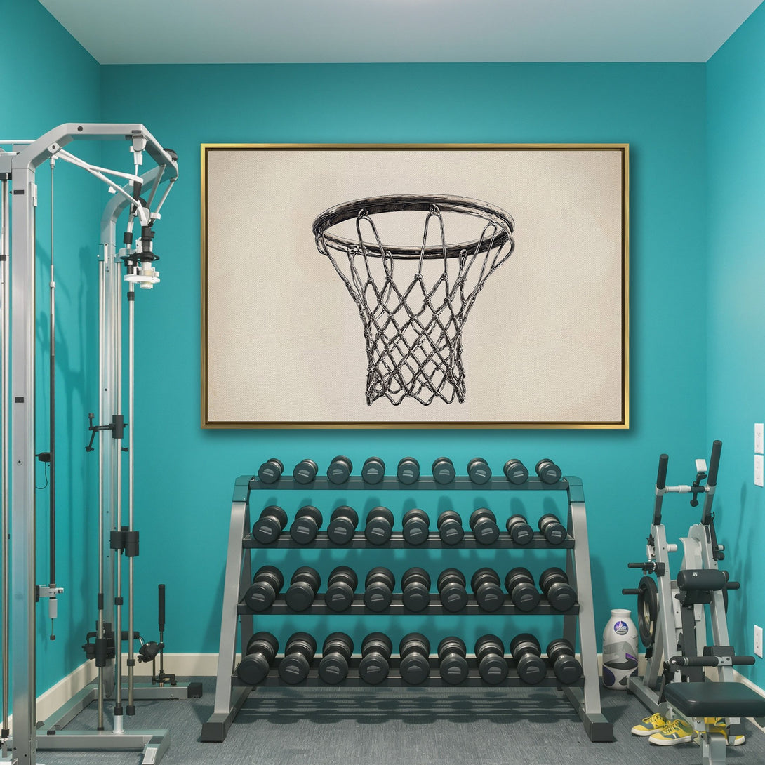 Canvas Print of a basketball net sketch in a neutral color palette, perfect for modern home gyms and sports-themed decor.