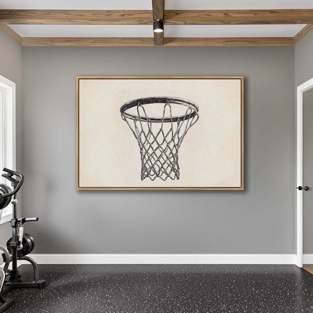 Framed Wall Art: Basketball hoop sketch in neutral tones. Modern, minimalist decor for your home gym or sports-themed space.