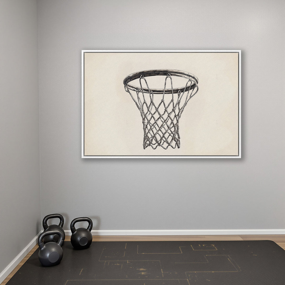 Framed Wall Art: Basketball hoop sketch in neutral tones. Modern canvas print adds a sporty touch to any space. Perfect for home gyms!