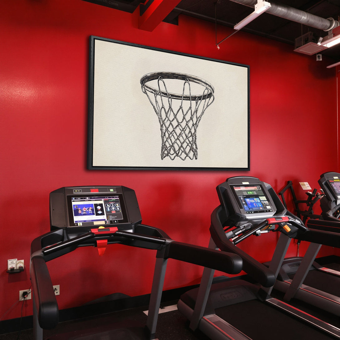 Framed Wall Art featuring a detailed basketball net illustration. Modern, minimalist style with a neutral palette against a vibrant red gym wall. Perfect for sports fans!