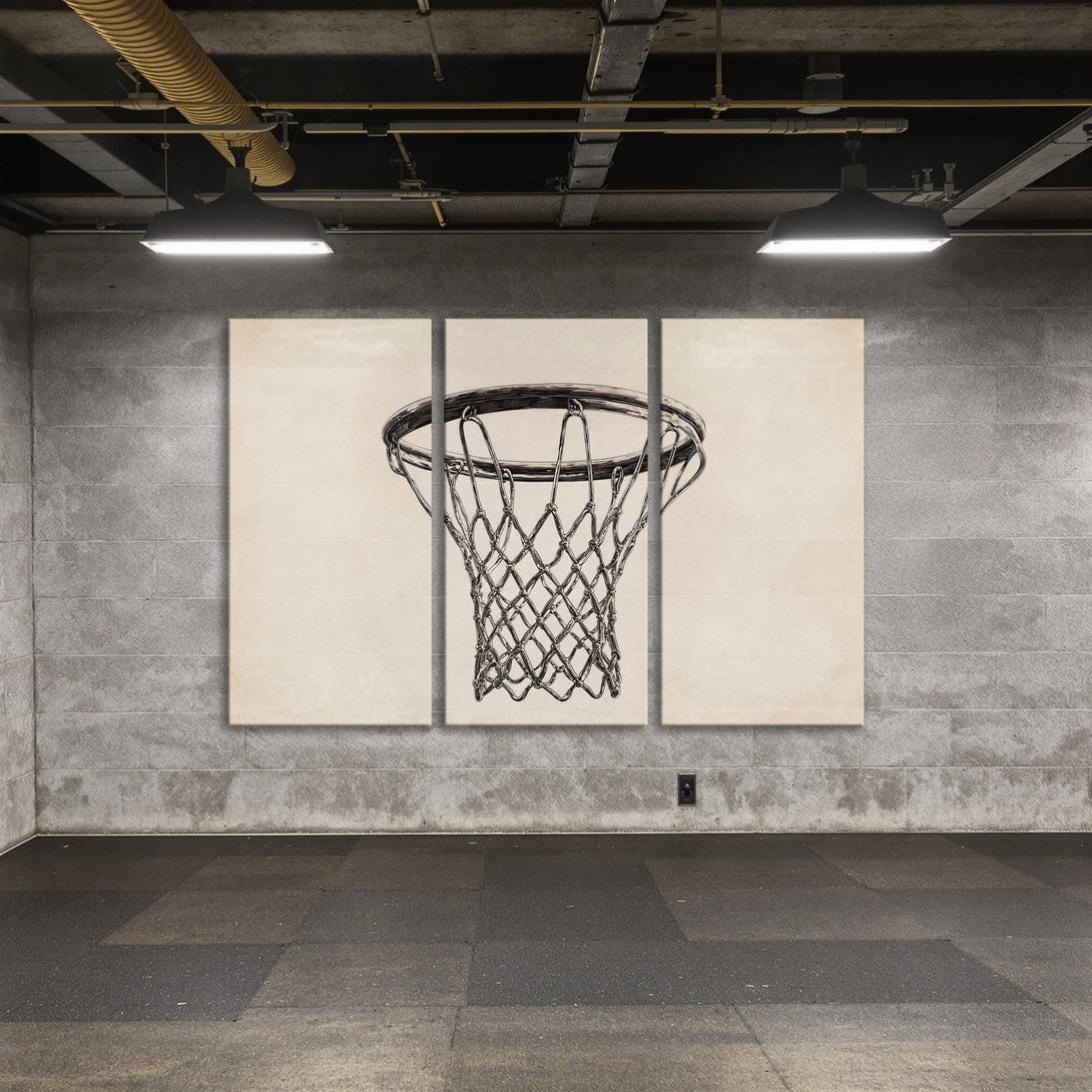 Canvas Print of a basketball hoop in a minimalist style, featuring neutral tones. Perfect wall art for sports fans!
