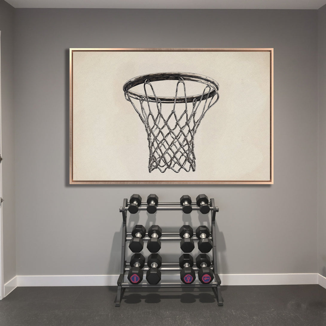 Framed Wall Art: Basketball hoop art in a minimalist style. Neutral color palette, perfect for a home gym or sports-themed space. Shop now!