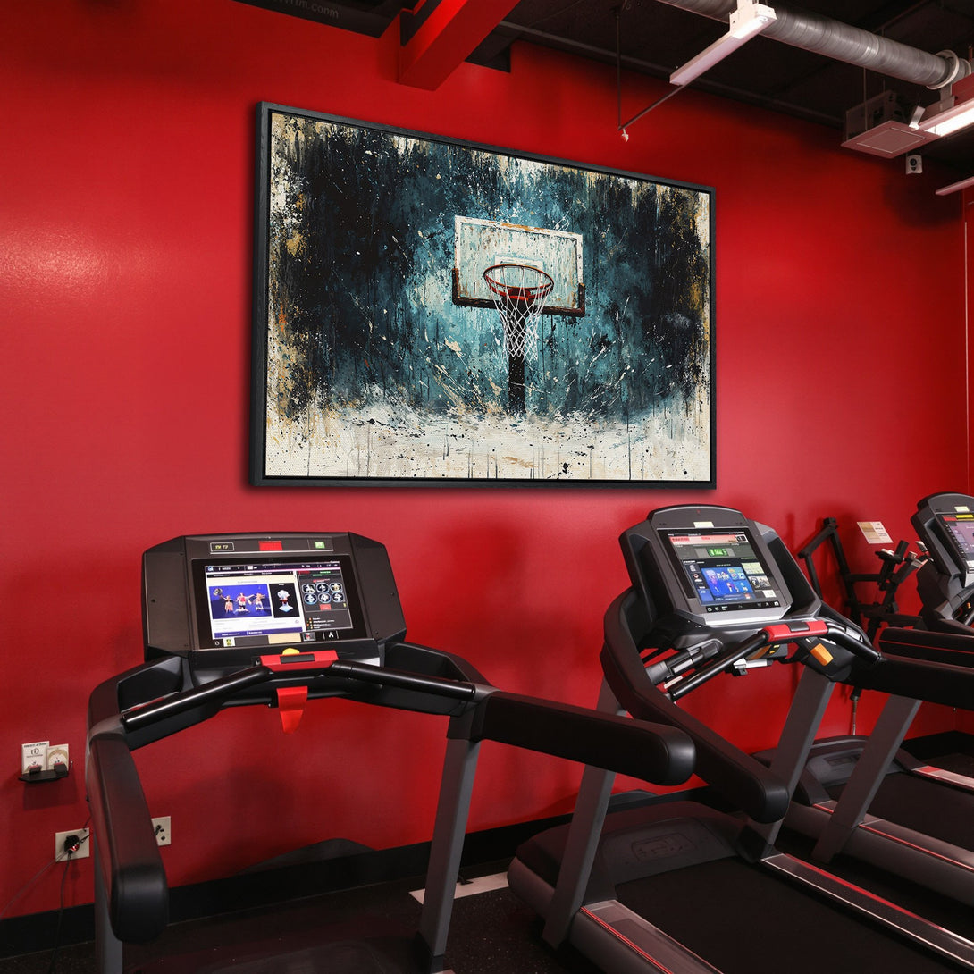 Framed Wall Art featuring a basketball hoop in an abstract style with a blue and white color palette, displayed in a gym with red walls.