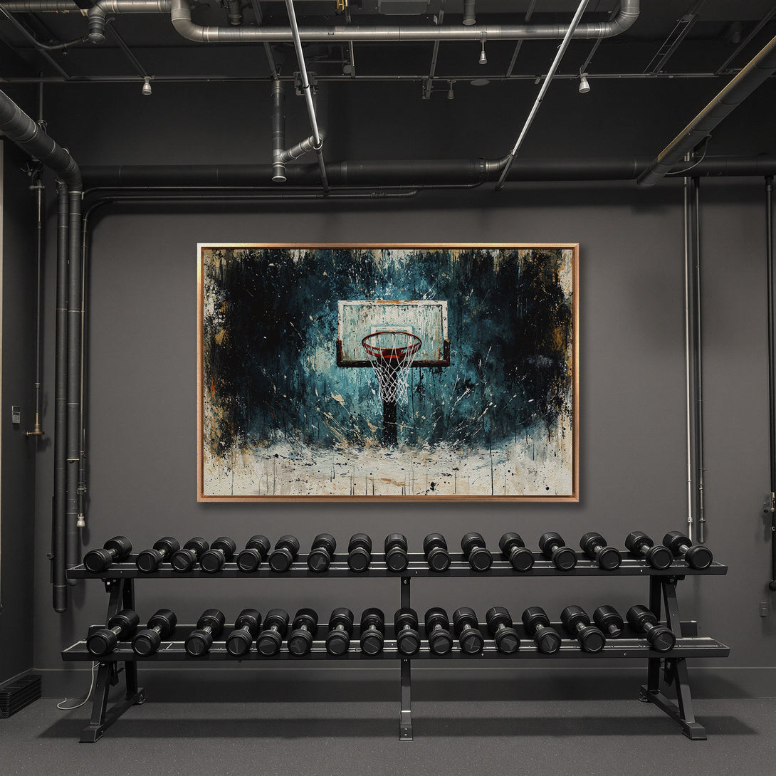 Framed Wall Art: Abstract basketball hoop art in a modern gym. Blue, black, and white color palette. Elevate your space with this striking piece.