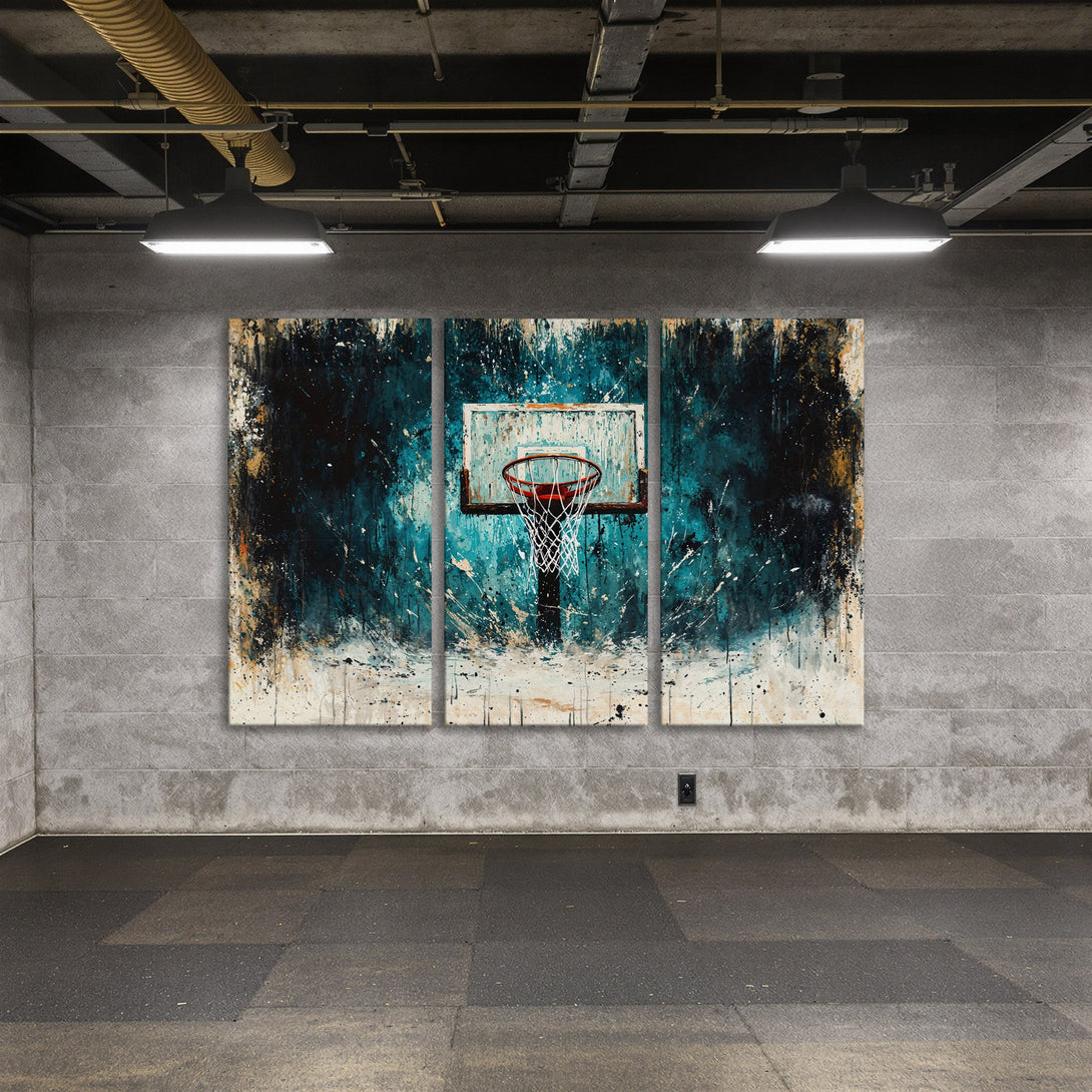 Abstract basketball Canvas Print in teal, black, and white. Modern wall art for sports fans.