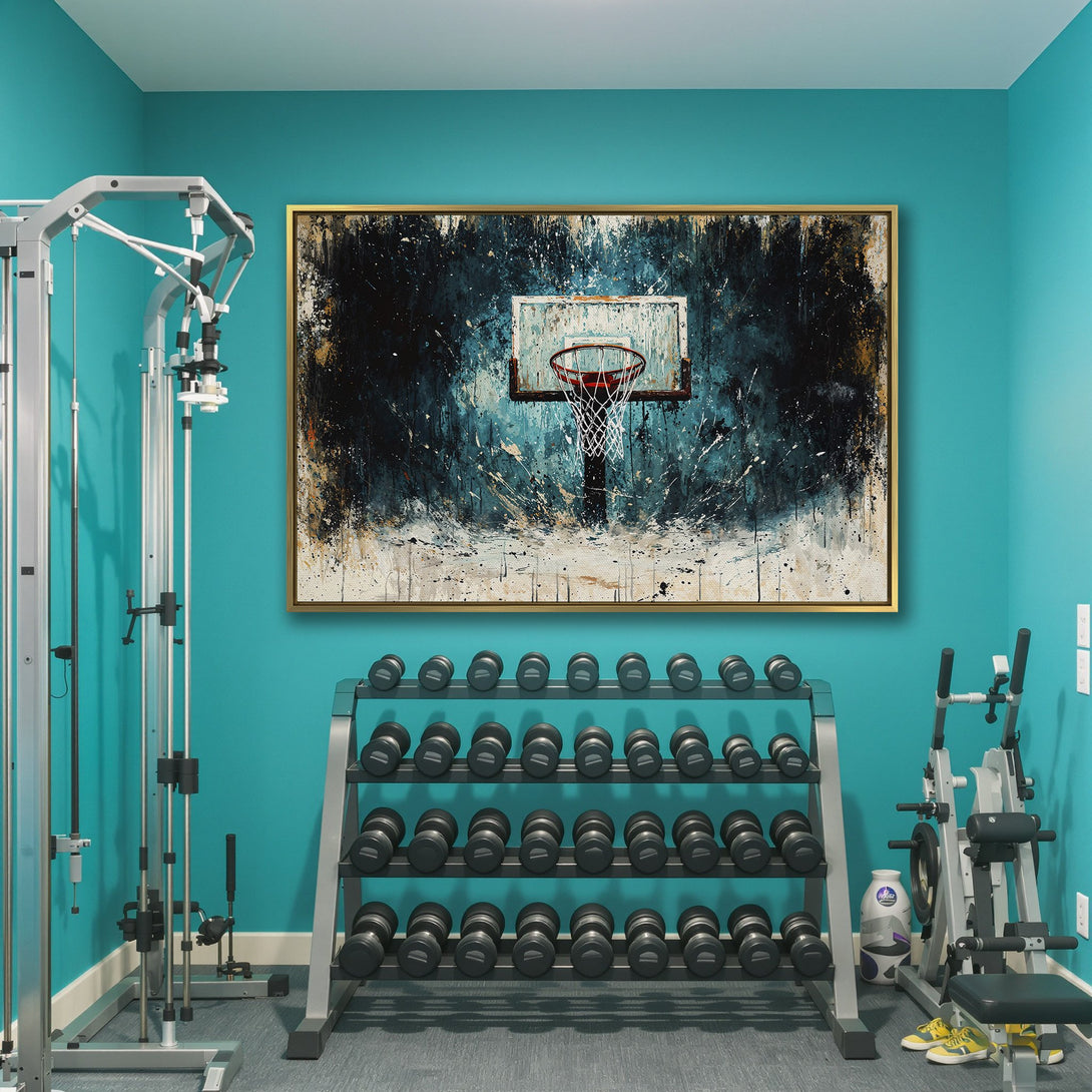 Abstract Canvas Print of a basketball hoop in teal and black. Modern wall art for home or gym decor.