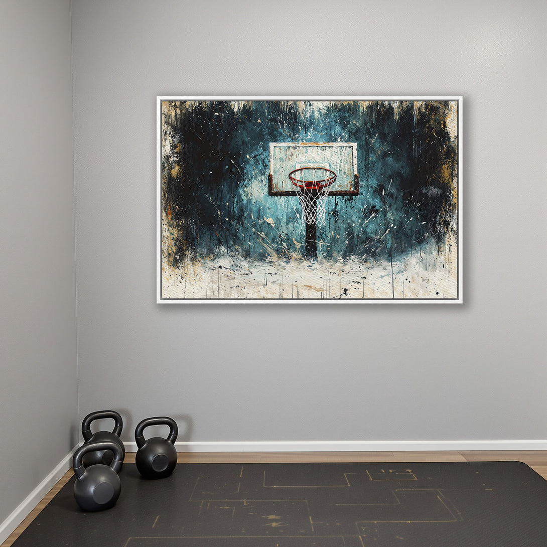 Framed Wall Art: Abstract basketball hoop canvas print in teal and black. Modern art for home gym decor.