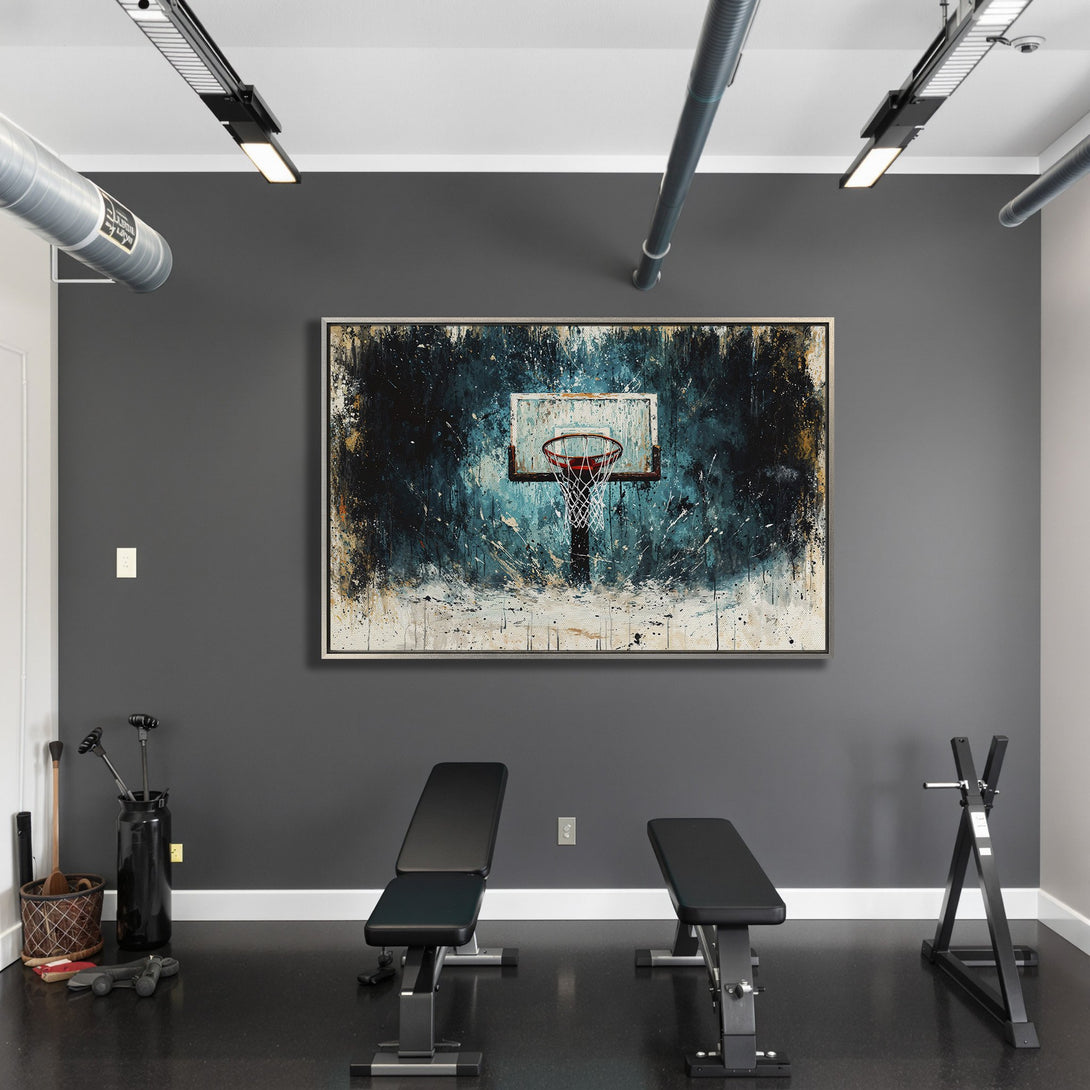 Framed Wall Art featuring an abstract basketball hoop in a modern style. The art piece has a dark blue and white color palette, perfect for a gym or home decor.