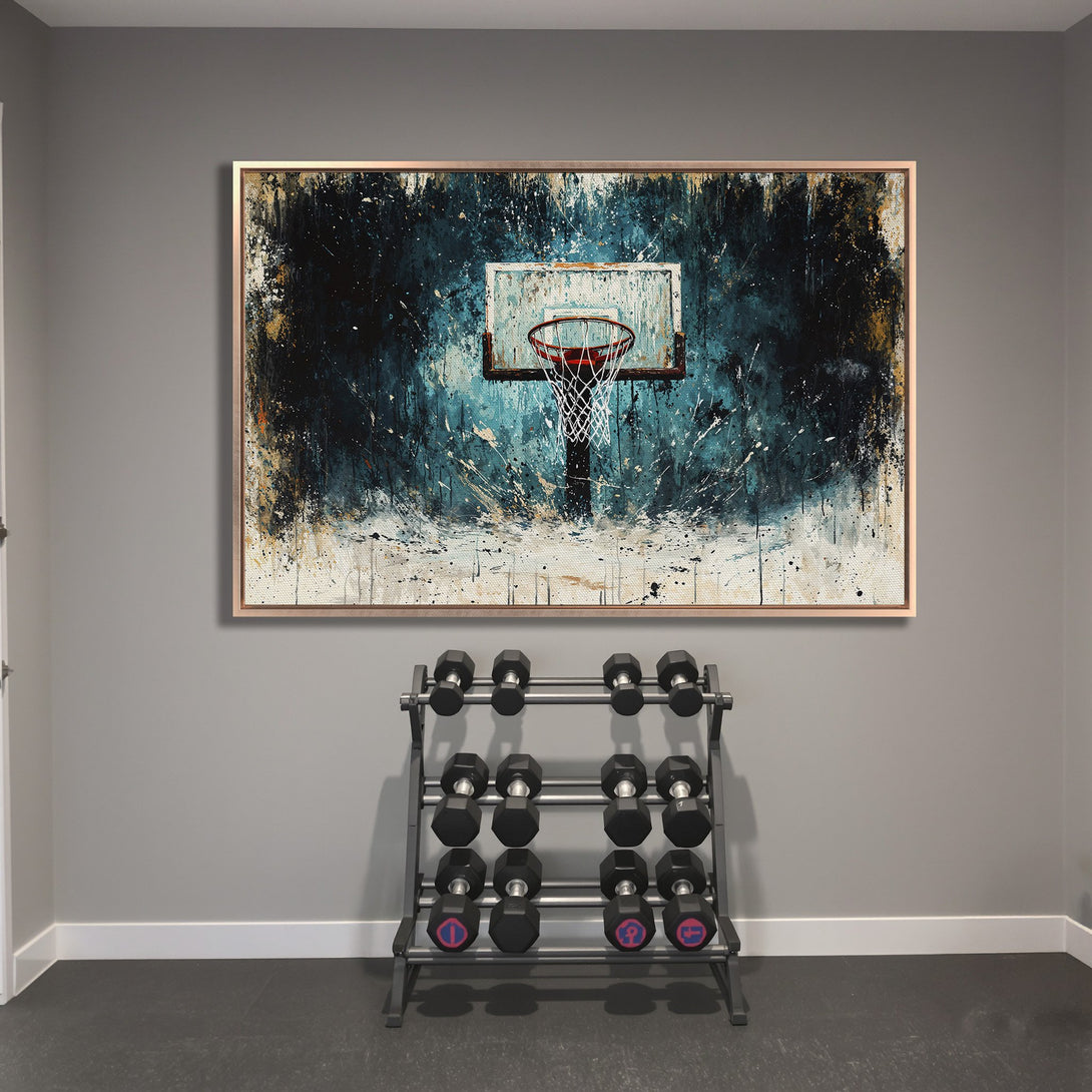 Framed Wall Art: Abstract basketball hoop art in teal and navy blue. Modern style Canvas Print adds a sporty touch to any home gym.