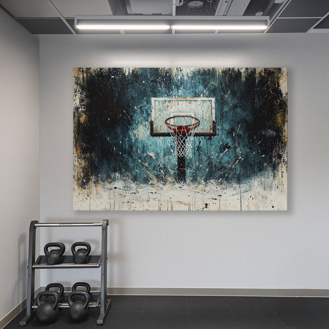 Framed Wall Art: Abstract basketball hoop art in blue, black, and gold. Perfect for a home gym! Enhance your space with this stylish canvas print.