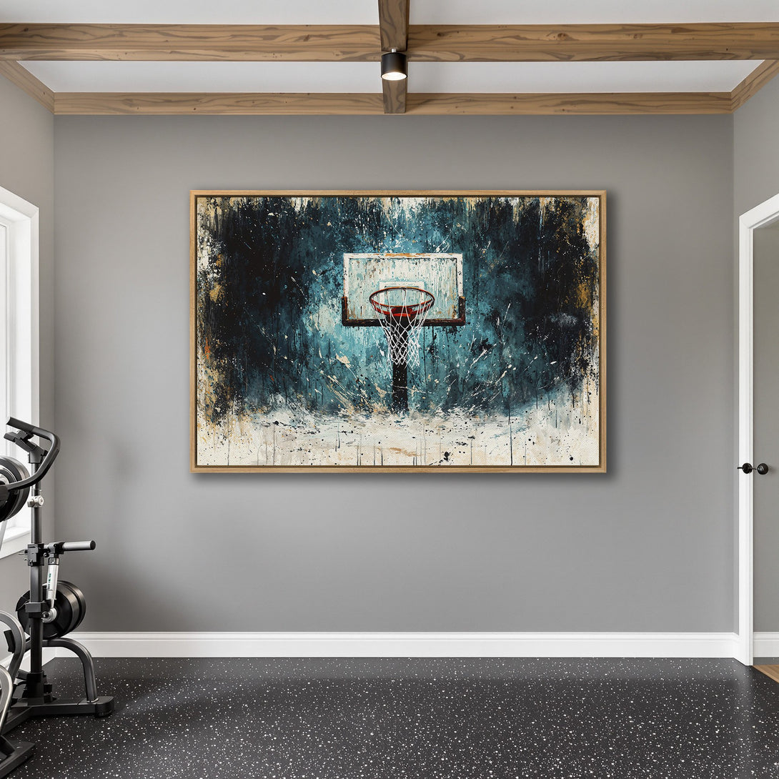 Framed Wall Art: Abstract basketball hoop art with a moody blue, black, and white color palette. Perfect for adding a modern touch to any space.
