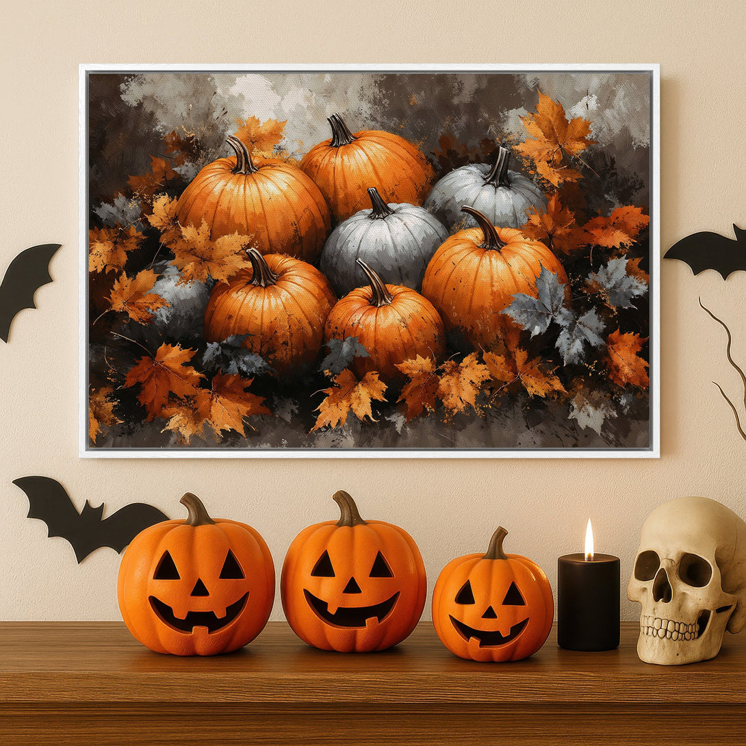 Framed Wall Art: Autumnal pumpkins canvas print in warm orange, gray, and brown tones. Perfect for Halloween decor and fall home accents.