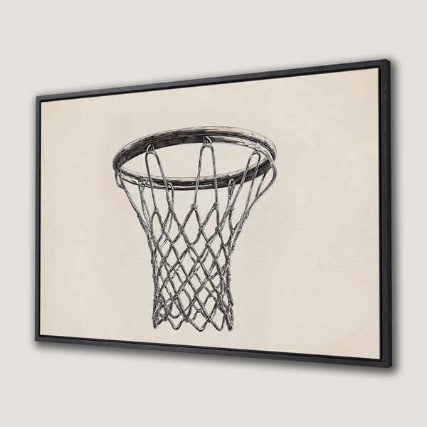 Framed Wall Art: Basketball net illustration in black and white. Modern canvas print with neutral beige background. Perfect sports decor.