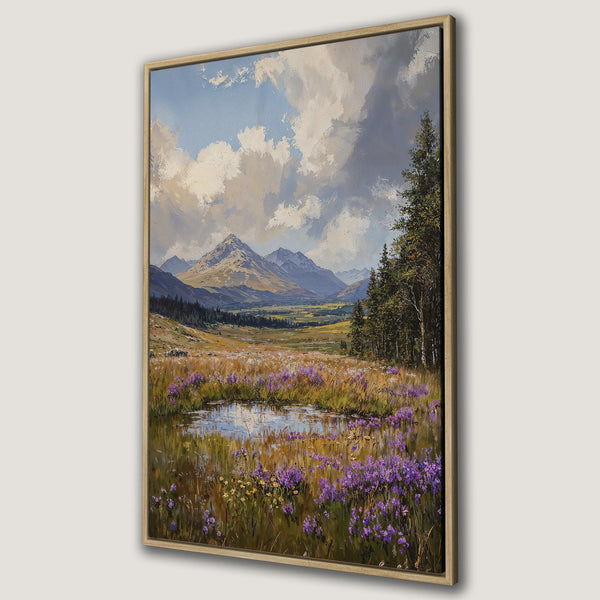 Framed Wall Art of a serene mountain landscape painting. Featuring a vibrant color palette of blues, greens, and purples. Perfect for adding art to your home.