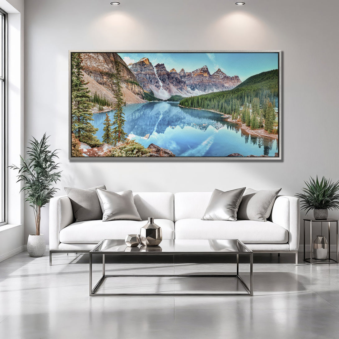 Framed Wall Art: Stunning mountain lake landscape Canvas Print in cool blue, green, and brown tones. Perfect for modern interior decor.