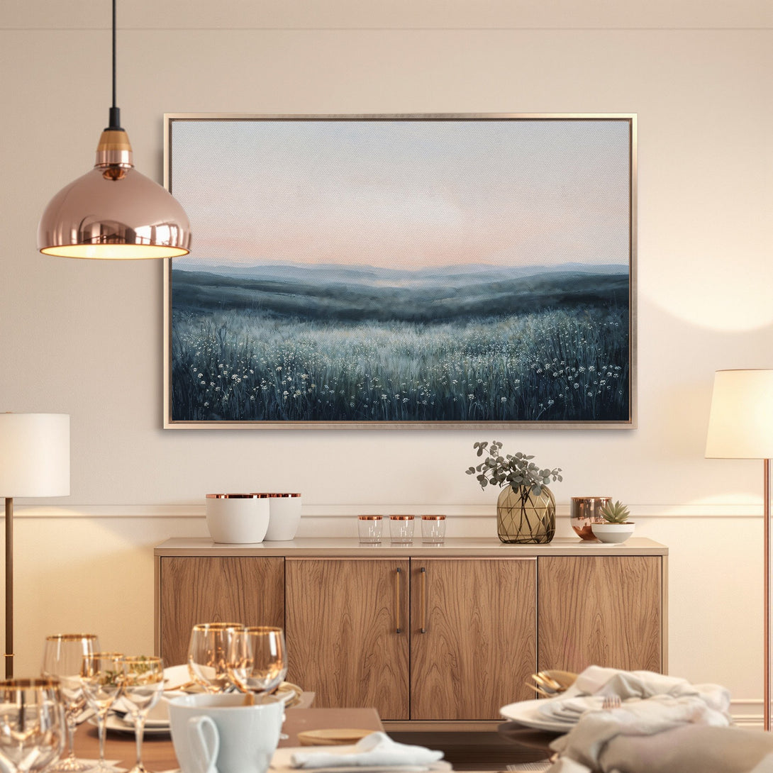 Framed Wall Art: Serene landscape Canvas Print in muted blue and blush tones. Perfect for creating a calming, elegant interior.