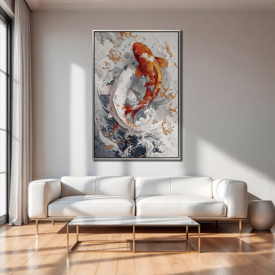 Framed Wall Art: Koi fish painting in a modern interior. Featuring orange and white koi on a grey and gold abstract background, perfect for living room decor.