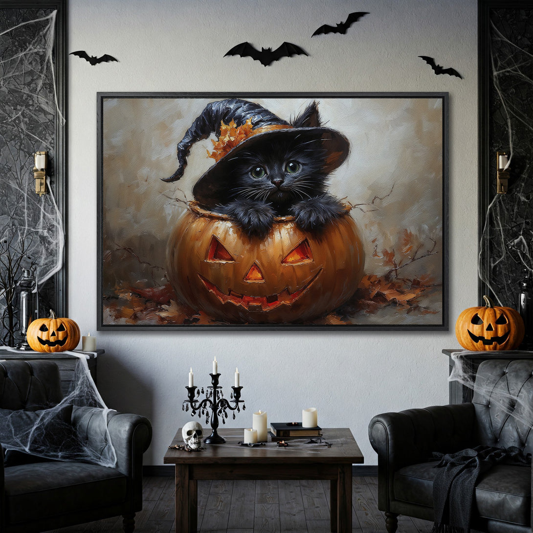 Framed Wall Art: Adorable Halloween kitten in a pumpkin. Warm orange & brown palette, oil painting style, perfect spooky decor for your home.