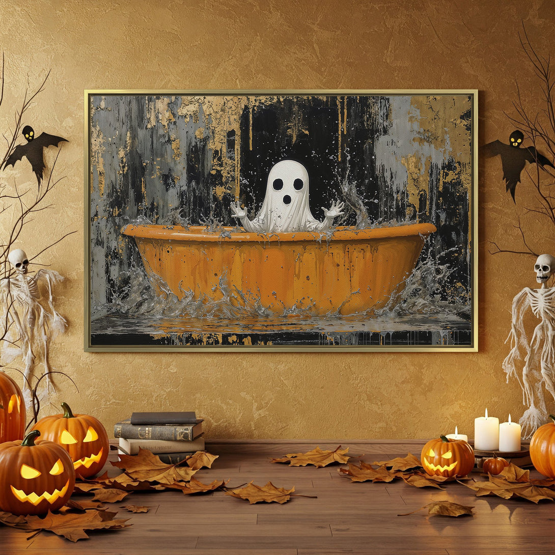 Halloween Canvas Print featuring a ghost in a bathtub, abstract style, with a black, gold, and orange color palette. Spooky wall art.
