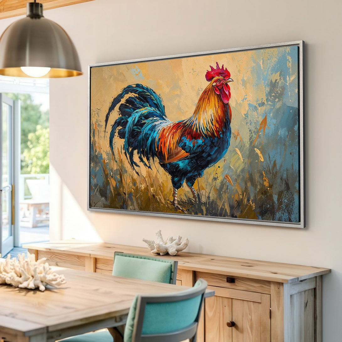 Framed Wall Art: Colorful rooster painting in a rustic style. Features a warm, earthy palette with pops of blue and red. Perfect for farmhouse decor.