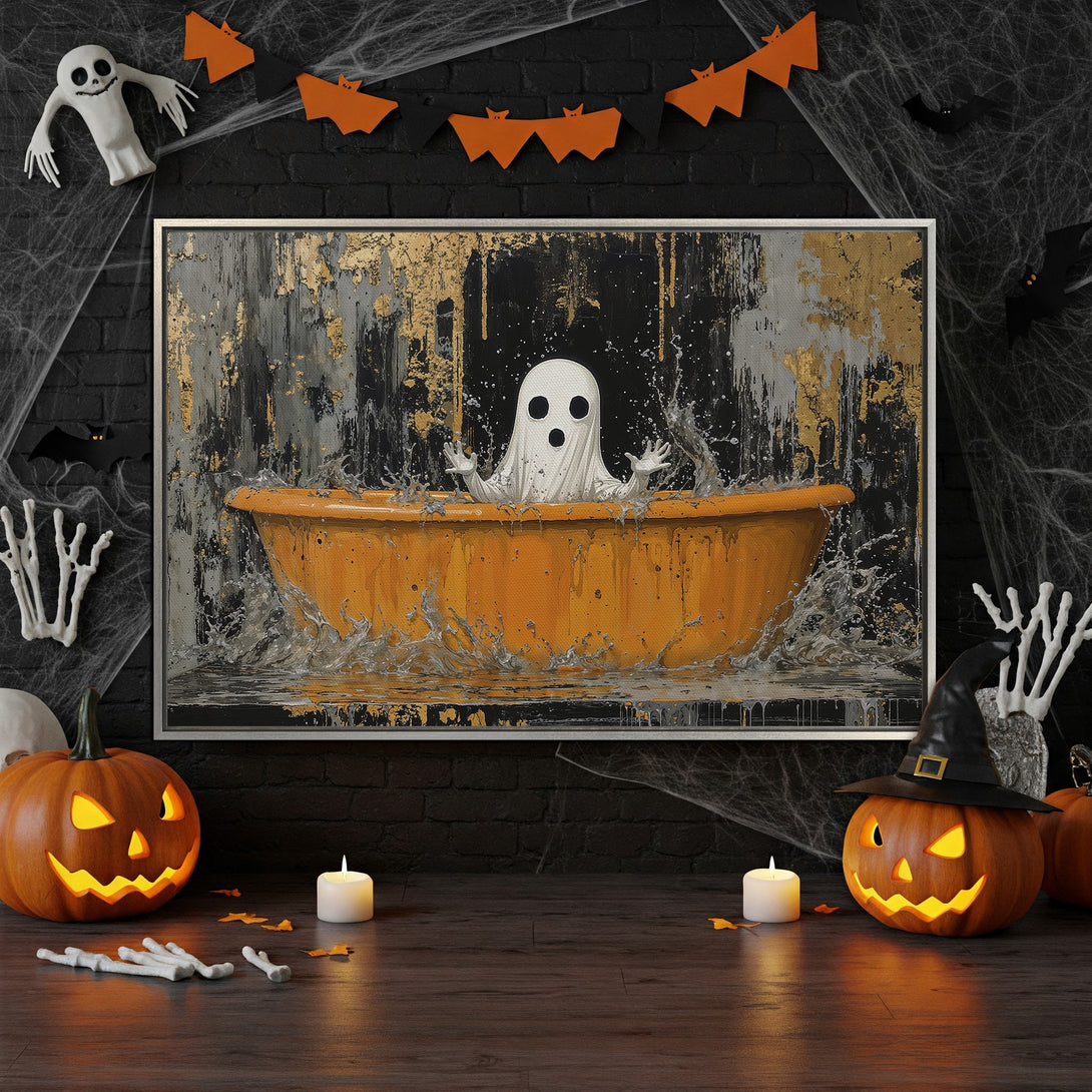 Framed Wall Art: Spooky ghost in a bathtub art print with a gold, black, and orange color palette, perfect Halloween decor.