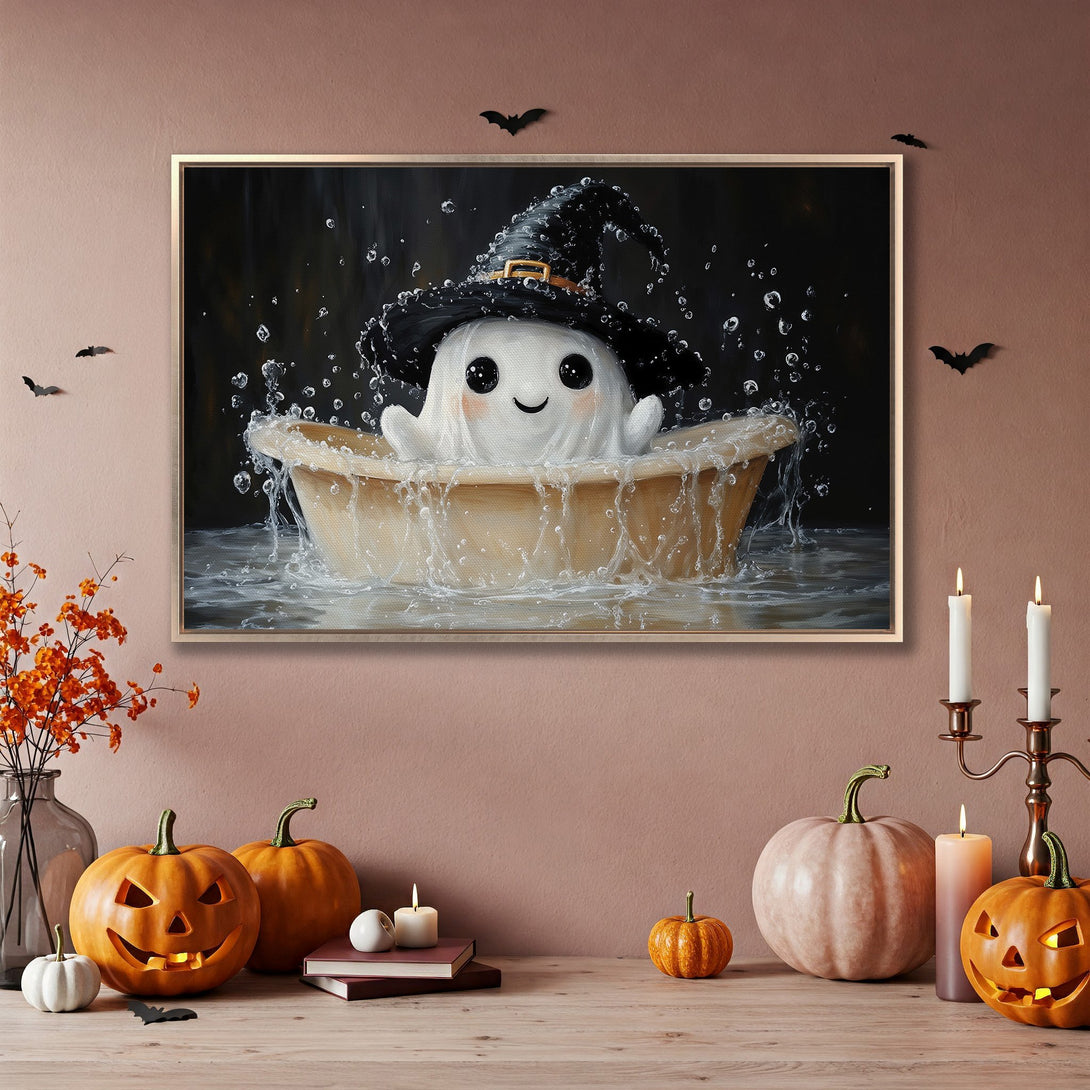 Framed Wall Art: Adorable ghost in a witch hat taking a bath. Whimsical art with a warm, inviting color palette. Perfect Halloween decor.