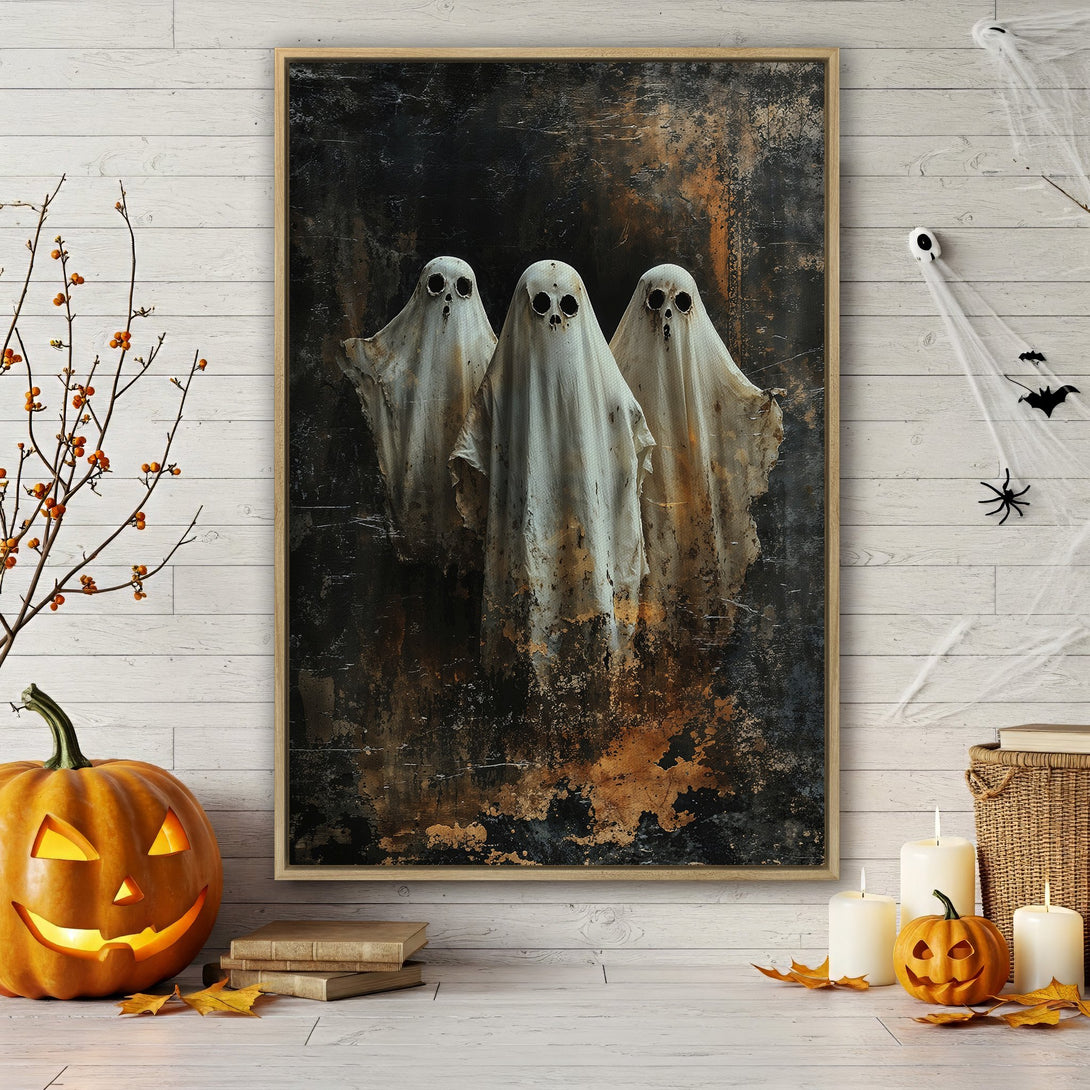 Framed Wall Art featuring spooky ghosts in a grunge style with a dark, earthy color palette. Perfect Halloween decor!