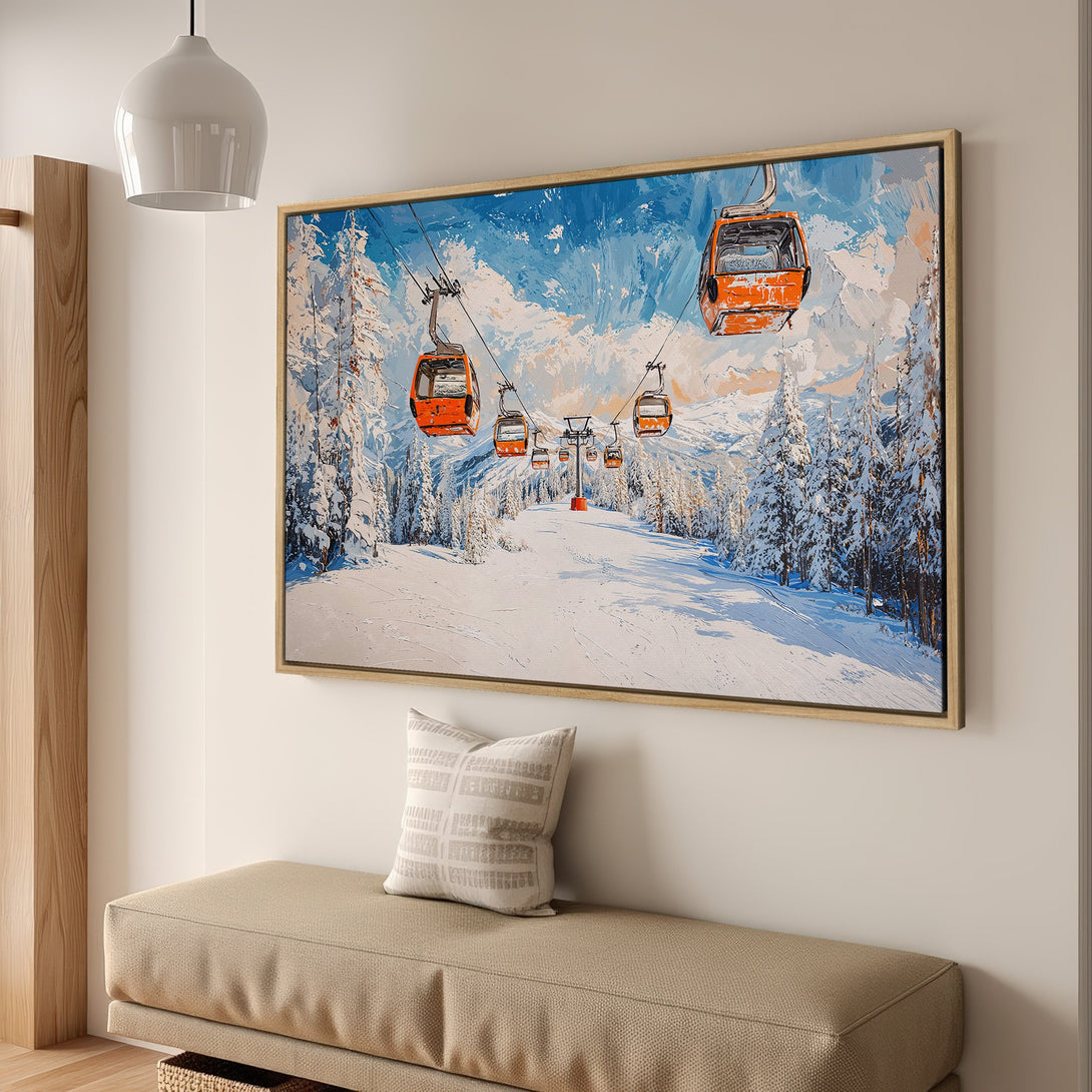 Framed Wall Art: Ski lift canvas print in a modern interior. Featuring a winter landscape with orange gondolas, blue sky, and white snow. Perfect wall decor!