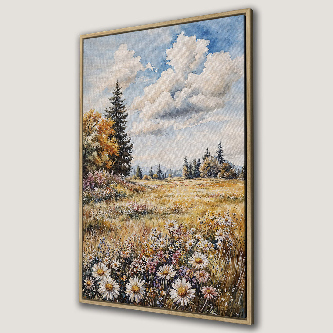 Framed Wall Art: Watercolor landscape Canvas Print featuring a field of wildflowers under a blue sky. Warm, earthy tones create a serene, nature-inspired aesthetic.