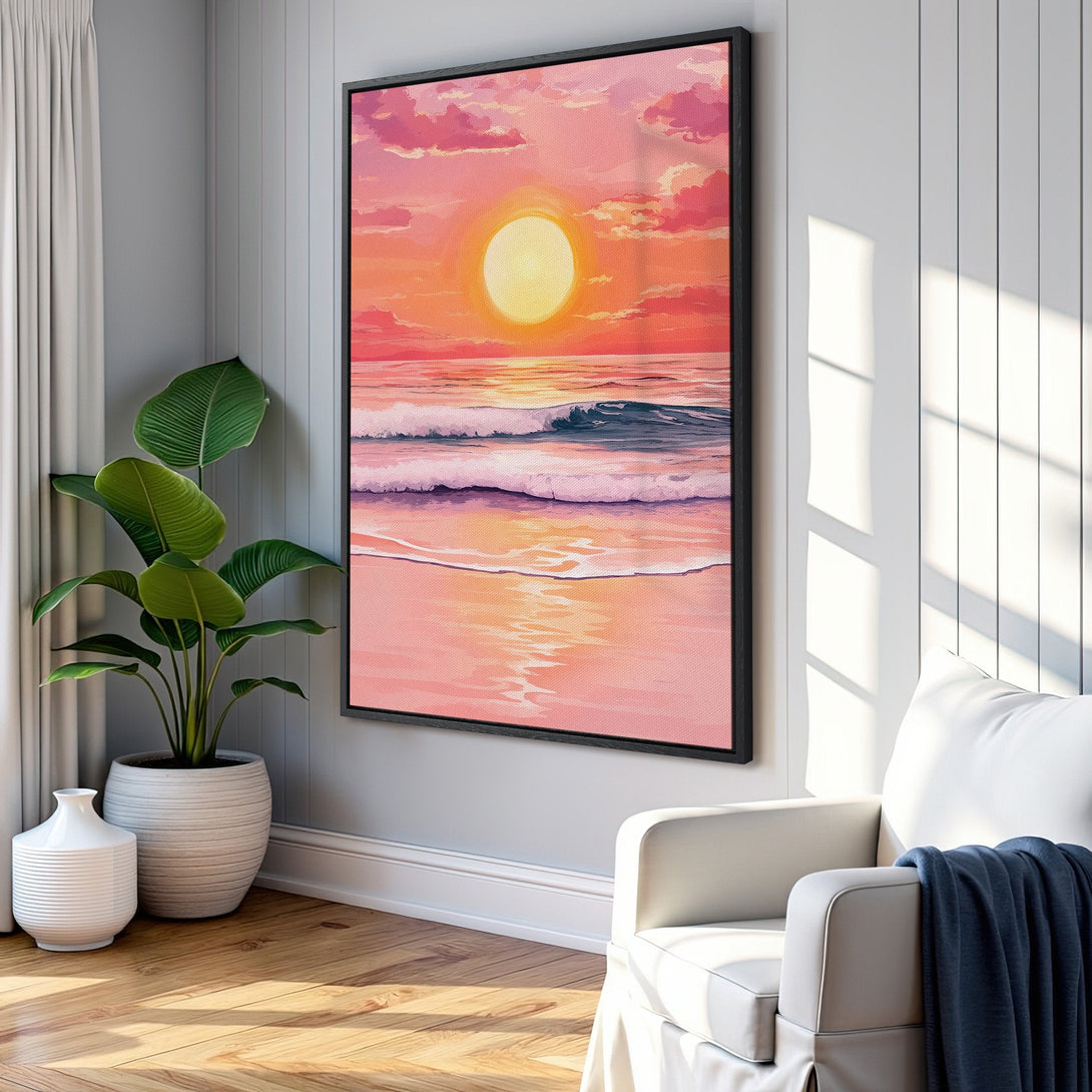 Framed Wall Art: Sunset beach scene in pink and orange hues. Coastal style canvas print adds warmth and serenity to any room. Shop now!