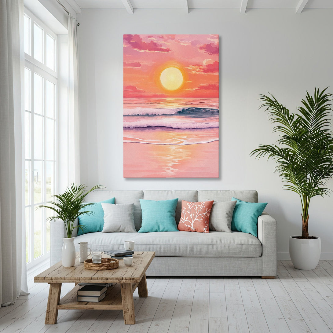 Framed Wall Art: Sunset beach scene in pink and orange hues. Coastal decor inspiration for a bright and airy living room.