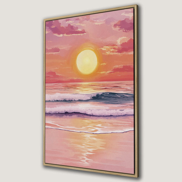 Canvas Print of a sunset beach scene. Coastal art with warm pink and orange hues. Perfect for adding a relaxing vibe to your home decor.