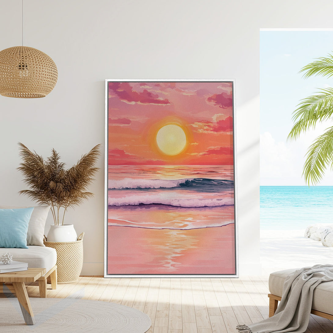 Framed Wall Art of a sunset over the ocean in a warm, pink and orange color palette. Coastal art perfect for adding a relaxing vibe to any room.